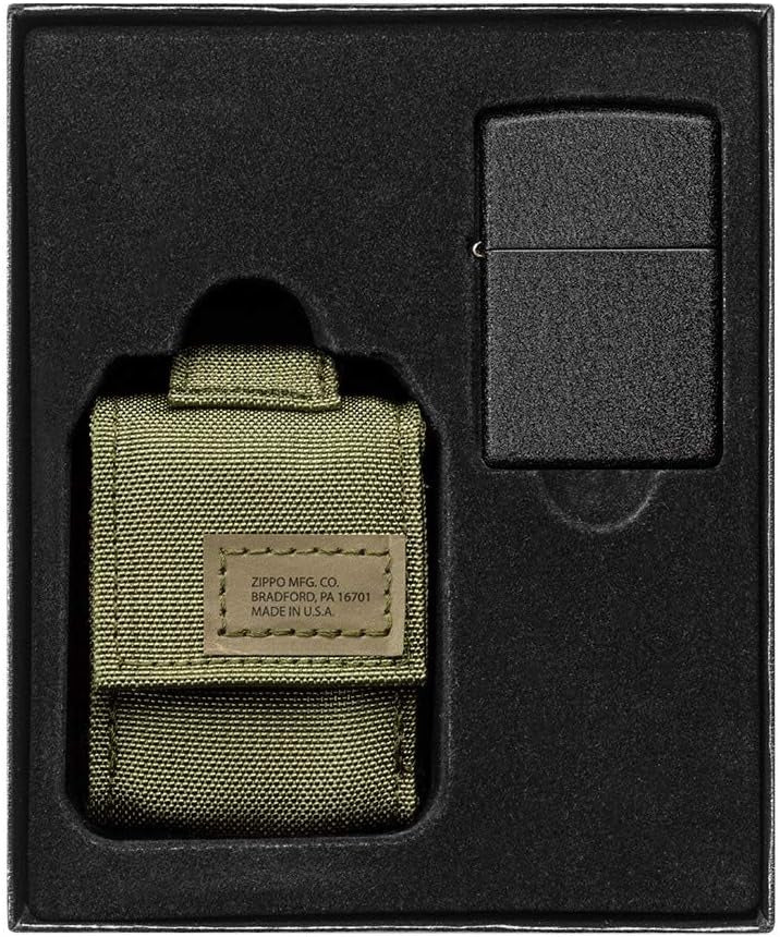 Zippo OD Green Tactical Pouch and Black Crackle Windproof Lighter
